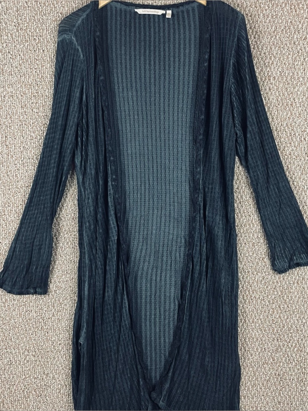 Soft Surroundings Cardigan 2X Waffle Knit Longline Open Front Minimalist T428